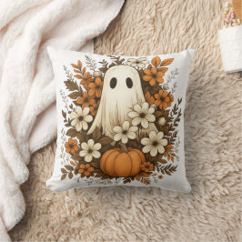 Cojín Decorativo Fantasma Adorable Con Calabaza Y Flores De Otoño –