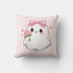 Cojín Decorativo Fantasma Coquette Adorable con Lazo Rosa, Rosa de