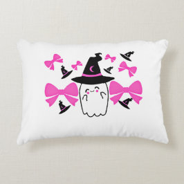 Cojín Decorativo Fantasma de coqueta rosa con arco de halloween