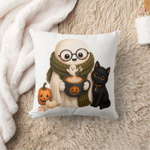Cojín Decorativo Fantasma de Halloween Acogedor y Bonito con Gato N