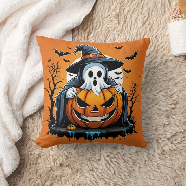 Cojín Decorativo Fantasma de Halloween con calabaza bajo un cielo e (Manta)