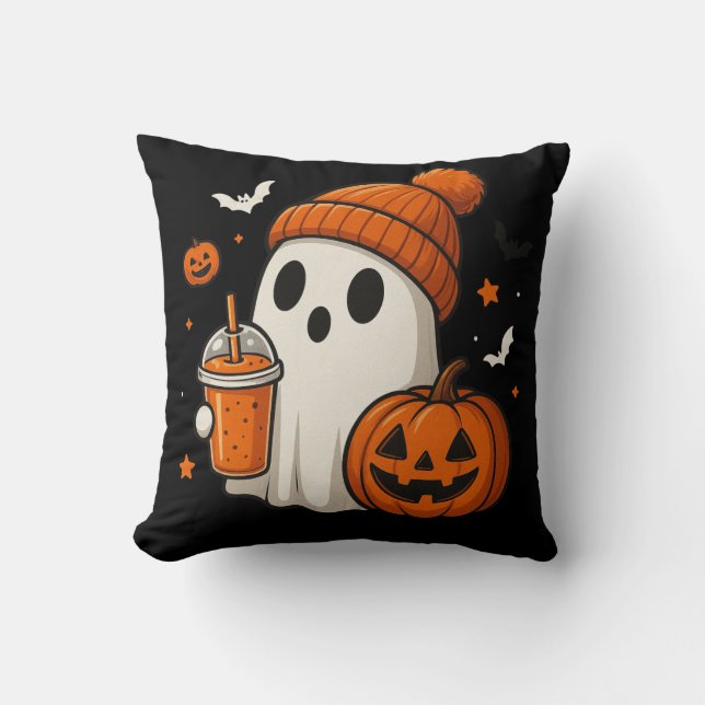 Cojín Decorativo Fantasma de Halloween con calabaza y bebida (Anverso)