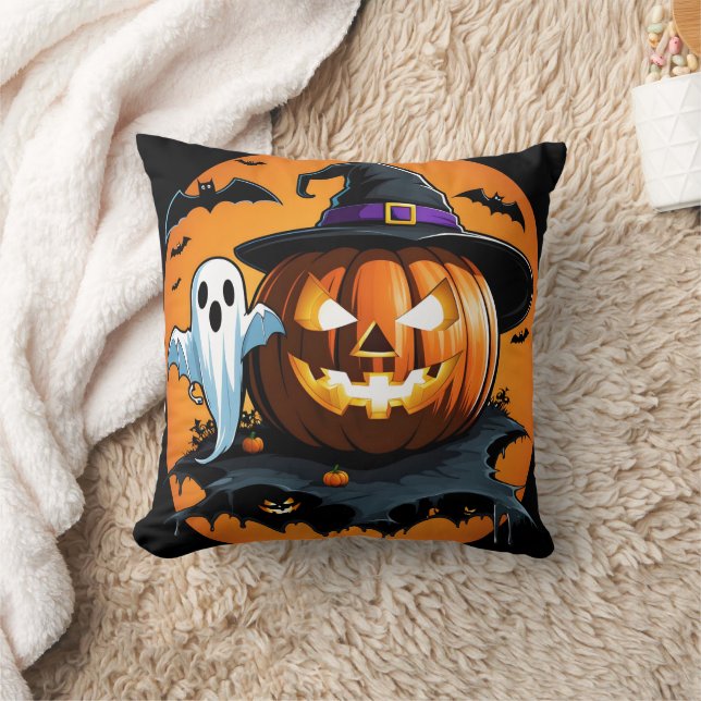 Cojín Decorativo Fantasma de Halloween flota junto a una calabaza t (Manta)