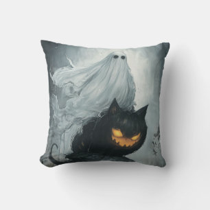Cojín Decorativo Fantasma de Halloween montando un gato negro