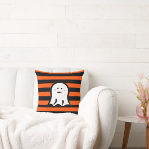 Cojín Decorativo Fantasma de Halloween sobre rayas negras y naranja