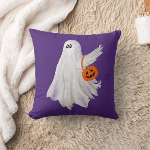 Cojín Decorativo Fantasma de Truco o Trato con Cubo de Caramelo de