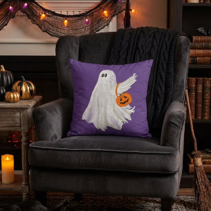 Cojín Decorativo Fantasma de Truco o Trato con Cubo de Caramelo de