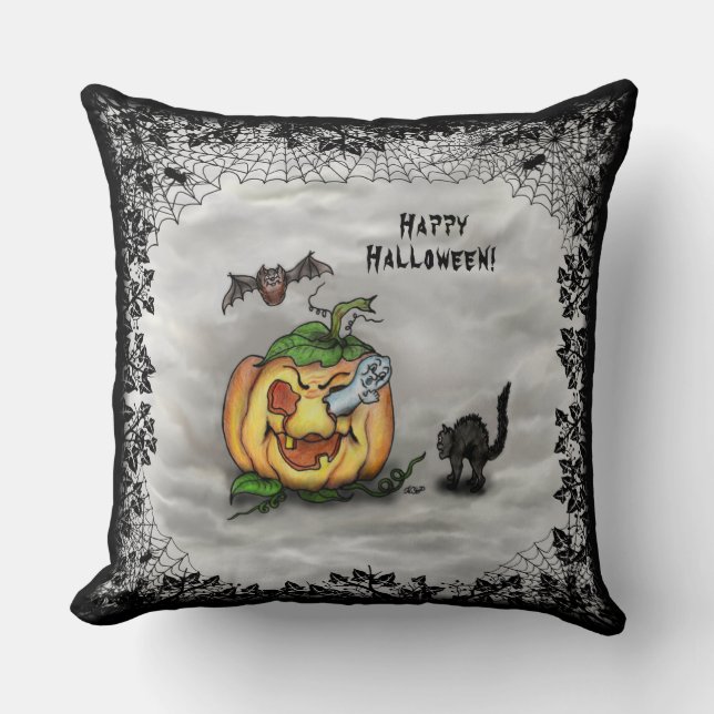 Cojín Decorativo Fantasma, Gato, Bat y Calabaza, ¡Feliz Halloween! (Anverso)