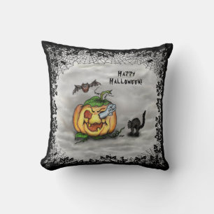 Cojín Decorativo Fantasma, Gato, Bat y Calabaza, ¡Feliz Halloween!