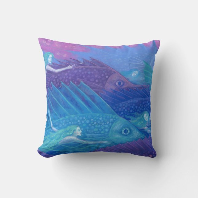 Cojín Decorativo Fantasma "nómadas del océano" arte, peces, sirenas (Anverso)
