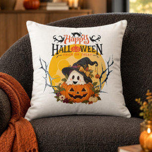 Cojín Decorativo Fantasma Retro Feliz Halloween en Calabaza