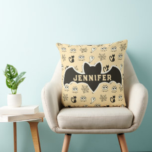 Cojín Decorativo Fantasma, telaraña y amarillo gatos negros