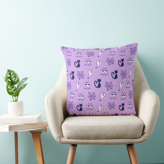 Cojín Decorativo Fantasma, telarañas y morado de gatos negros (Silla)