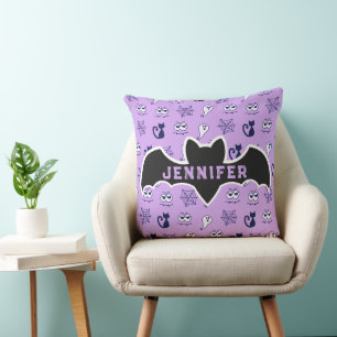 Cojín Decorativo Fantasma, telarañas y morado de gatos negros