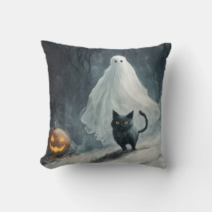 Cojín Decorativo Fantasma y gato negro de Halloween