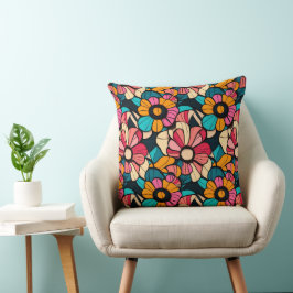 Cojín Decorativo Fantástico patrón floral retro en Berry y Naranja