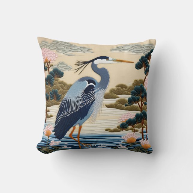 Cojín Decorativo Fantasy Cute Viviente Heron Blue japonés (Anverso)