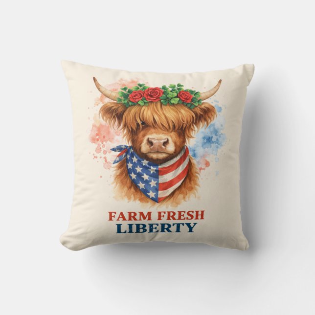 Cojín Decorativo Farm Fresh Liberty Highland Cow Patriotic USA Art (Anverso)