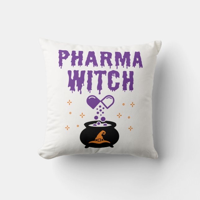 Cojín Decorativo Farmacia Farmacéutica Halloween Tech Pharma Bruja (Anverso)