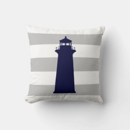 Cojín Decorativo Faro Azul De La Marina Sobre Rayas Gris Y Blancas