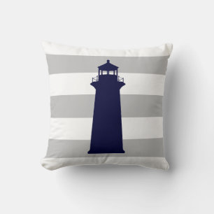 Cojín Decorativo Faro Azul De La Marina Sobre Rayas Gris Y Blancas