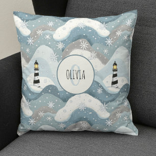 Cojín Decorativo Faro con olas heladas Monograma náutico de inviern