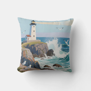 Cojín Decorativo Faro Costero Olas del Océano Gaviotas