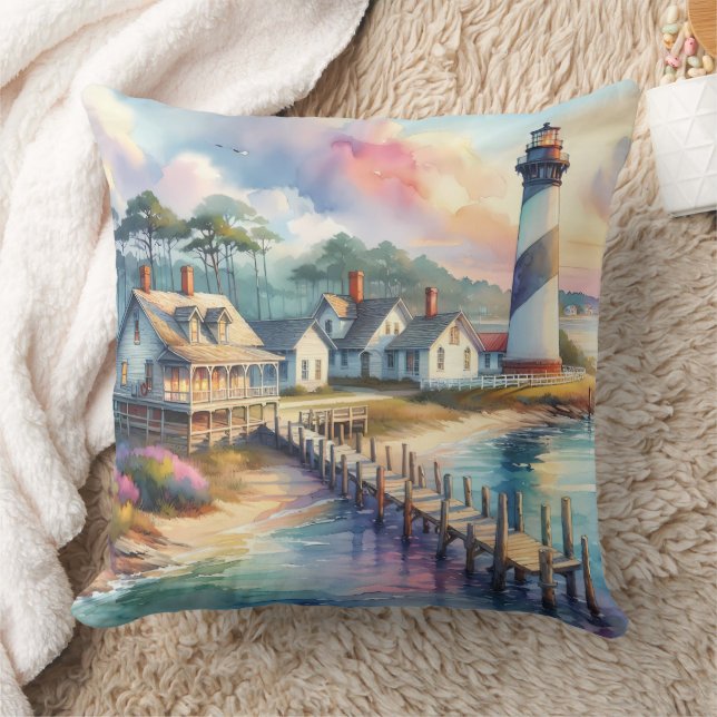 Cojín Decorativo Faro costero y cabañas de playa (Manta)