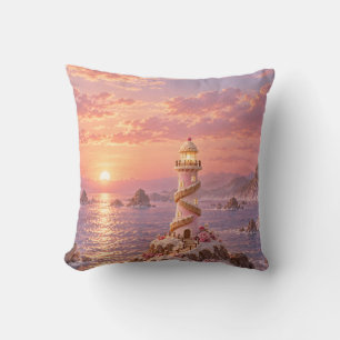 Cojín Decorativo Faro de Azúcar Rosa Atardecer Costero Romántico