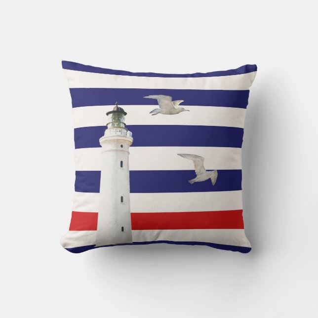 Cojín Decorativo Faro franjas náuticas azul blanco rojo (Anverso)