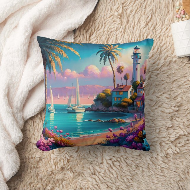 Cojín Decorativo Faro Isla Tropical Palmeras Barcos (Manta)