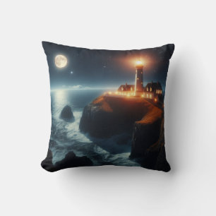 Cojín Decorativo Faro náutico/costero de noche con luna