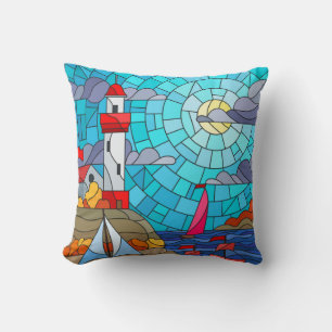 Cojín Decorativo Faro y barcos rojos y blancos