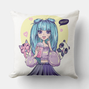 Cojín Decorativo Fashionista: Chica de Cabello Azul con Panda y Gat