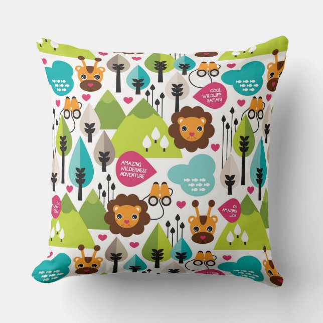 Cojín Decorativo fauna retra del león del safari de los niños (Anverso)