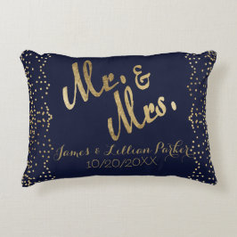 Cojín Decorativo Faux Gold Navy Blue Mr. y Mrs Monogram Boda