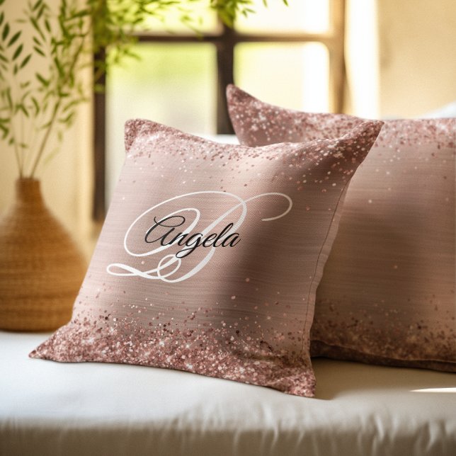 Cojín Decorativo Faux Shiny Rosa Gold Purpurina Relieve metalizado  (Rose Gold Glitter Foil Fancy Monogram Throw Pillow)