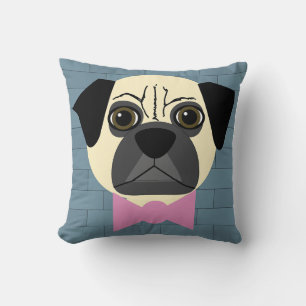 Cojín Decorativo Fawn Pug, Bowtie rosada, ladrillo azul