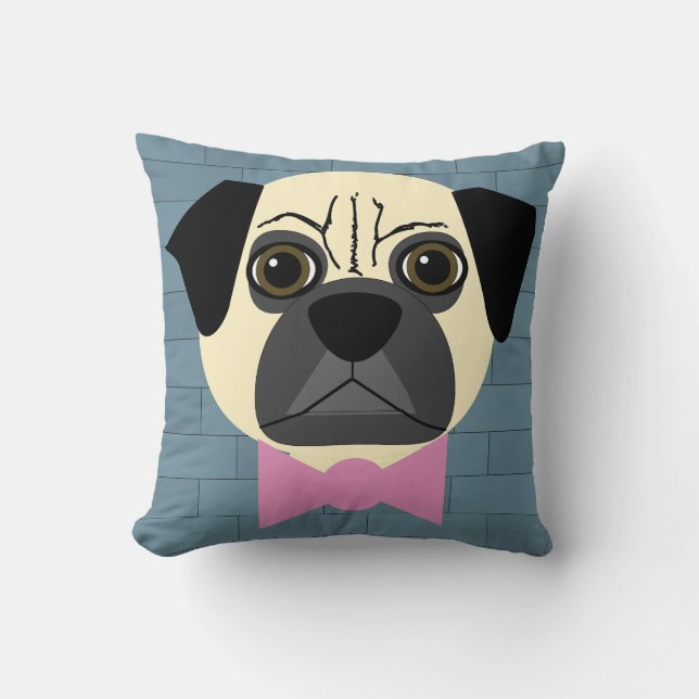Cojín Decorativo Fawn Pug, Bowtie rosada, ladrillo azul (Anverso)