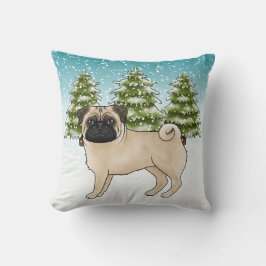 Cojín Decorativo Fawn Pug Cute Cartoon Dog Snowley Winter Forest
