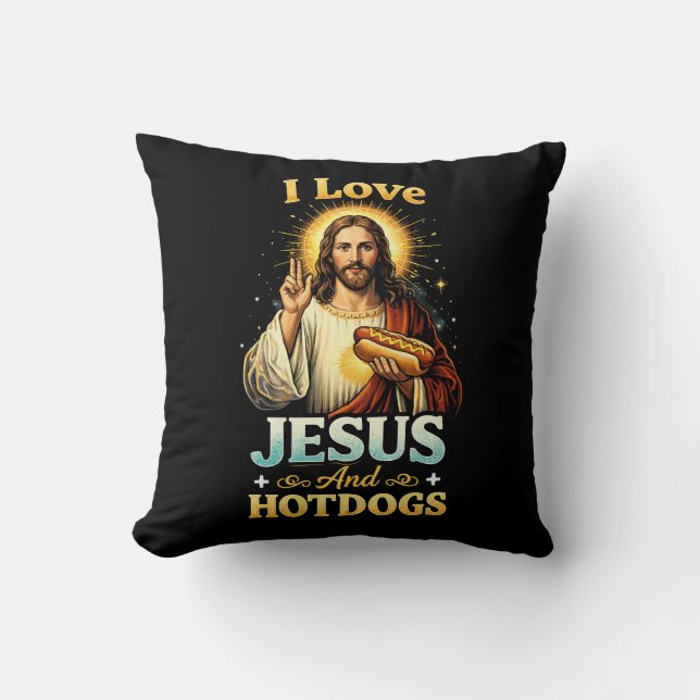 Cojín Decorativo Fe, Amor, y Hotdogs (Anverso)