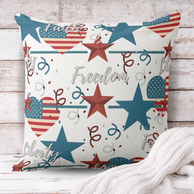Cojín Decorativo Fe, libertad y retro patriótico (Faith, Freedom and Liberty Retro Patriotic Throw Pillow)