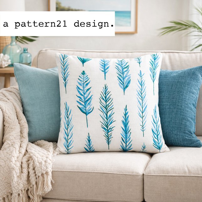 Cojín Decorativo feather and fern blues pattern (Watercolor fern pillow adds fresh blue botanical pattern to relaxed coastal interiors)