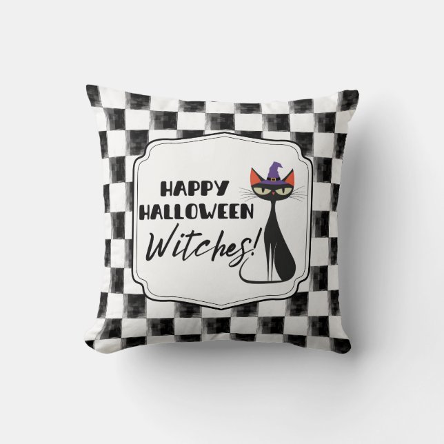 Cojín Decorativo ¡Felices brujas de Halloween! Black Witch Kitty (Anverso)