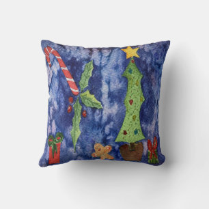 Cojín Decorativo Felices Fiestas Clásicos Navidades Iconos Acuarela