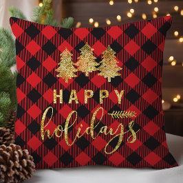 Cojín Decorativo Felices Fiestas en Cuadros de Búfalo
