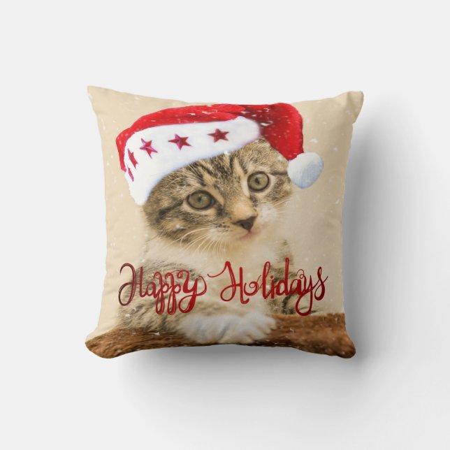 Cojín Decorativo Felices Fiestas, Gato Con Sombrero De Santa (Anverso)