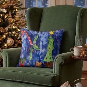 Cojín Decorativo Felices Fiestas Iconos Clásicos de Navidad Acuarel