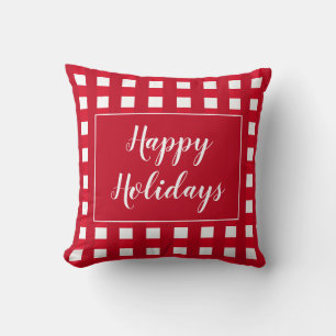 Cojín Decorativo Felices Fiestas Navidad Cuadro de Búfalo Rojo y Bl