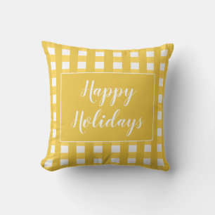 Cojín Decorativo Felices Fiestas Plaid Búfalo Blanco Dorado